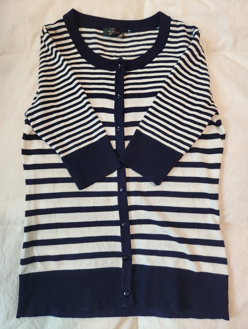 Striped Navy and White Button-Front Sweater Cardigan Mid Sleeve